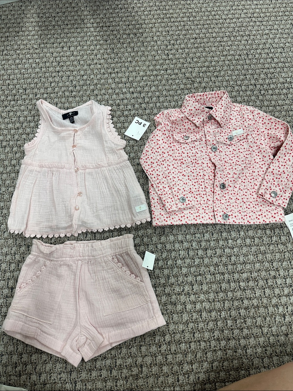 3pc Pink Baby Outfit Set - Button Tank, Shorts & floral Print Jacket